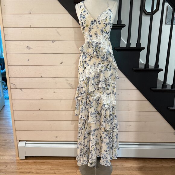 BCBG MAXAZRIA Asymmetrical Ruffle Gown in Blue Floral NWOT Size 2 - Picture 6 of 14